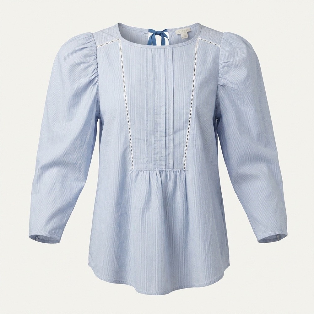 Hinge Blue Stripe Pintuck Puff Sleeve Peplum Top Women's XS